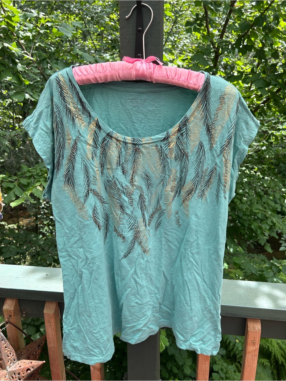 Charter Club Women’s Teal Feather-Print Scoop Neck Top